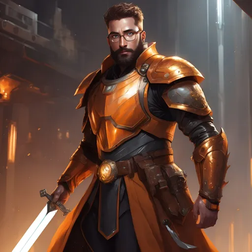 Prompt: Fantasy sci-fi illustration of a 28-year-old man with glasses, well-groomed beard, wearing leather, wielding a magical scientific sword, futuristic orange-gold armor, intense gaze, detailed facial features, high-tech sword, professional, highres, ultra-detailed, sci-fi fantasy, futuristic armor, intense gaze, leather attire, magical elements, atmospheric lighting