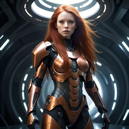 Prompt: Tall redhead girl in futuristic, scifi armor, long flowing hair, with scifi armor, detailed armor design, high quality, scifi, futuristic, intense gaze, atmospheric lighting With space gun in fight, futuristic sci-fi setting, sleek and futuristic design, high-tech materials, intense and action-packed scene, laser beams, dramatic lighting, highres, ultra-detailed, sci-fi, futuristic, sleek design, action-packed, futuristic setting, intense, dramatic lighting, laser beams