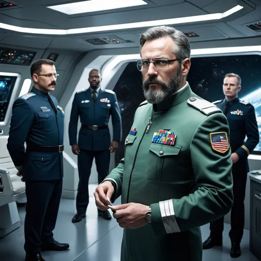 Prompt: withe man, with eyeglasses, well-groomed beard,scifi military uniform, in the ready room of a spaceship with other officers listening to him give them orders