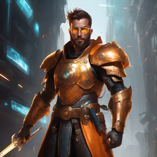 Prompt: Fantasy sci-fi illustration of a well-groomed, 28-year-old man with eyeglasses, leather wear, wielding a magical scientific sword, energy shield in left hand, wearing orange-gold armor, futuristic, detailed beard, intense gaze, high-tech eyewear, powerful stance, detailed armor, intricate sword design, vibrant energy shield, professional, warrior, sci-fi, futuristic, detailed facial features, elaborate leather, professional lighting, highres, ultra-detailed, fantasy