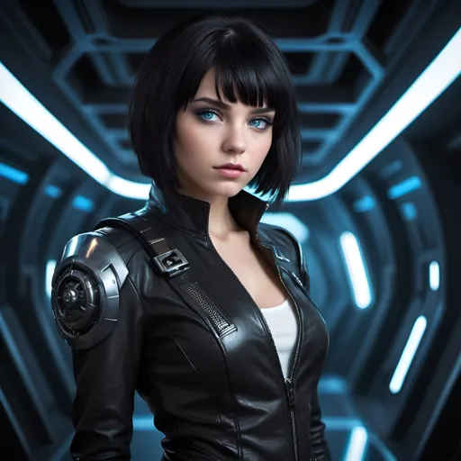 Prompt: Full-body depiction of a 21-year-old girl with a black bobcut hair, piercieng blue eyes, and a petite frame, dressed in sleek space pirate leather attire, set in a futuristic sci-fi environment, high-tech, detailed leather texture, intense and focused gaze, cosmic backdrop, cool-toned lighting, best quality, hi-res, ultra-detailed, sci-fi, space pirate, detailed facial features, sleek design, professional, atmospheric lighting