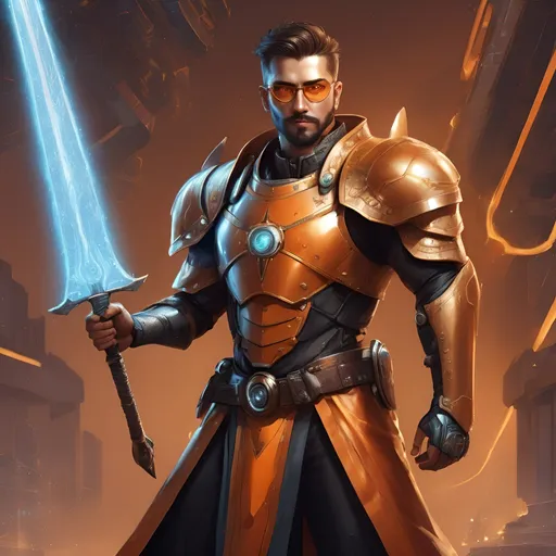 Prompt: Fantasy sci-fi illustration of a well-groomed, 28-year-old man with eyeglasses, leather wear, wielding a magical scientific sword, energy shield in left hand, wearing orange-gold armor, futuristic, detailed beard, intense gaze, high-tech eyewear, powerful stance, detailed armor, intricate sword design, vibrant energy shield wielded in left hand, professional, warrior, sci-fi, futuristic, detailed facial features, elaborate leather, professional lighting, highres, ultra-detailed, fantasy