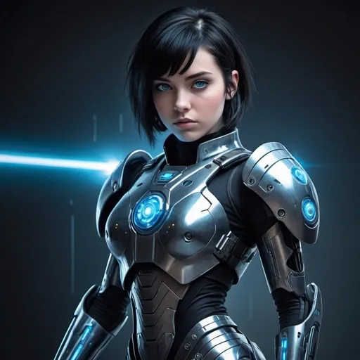 Prompt: Fullbody illustration of a 21-year-old girl in futuristic sci-fi armor, short black bobcut hair, piercing blue eyes, wielding a space gun, cybernetic enhancements, glowing energy effects, detailed armor plating, intense and determined gaze, high-tech weaponry, sci-fi, futuristic, cybernetic enhancements, detailed eyes, sleek design, professional, cool tones, atmospheric lighting, highres, ultra-detailed