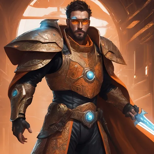 Prompt: Fantasy sci-fi illustration of a well-groomed, 28-year-old man with eyeglasses, leather wear, wielding a magical scientific sword, energy shield in left hand, wearing orange-gold armor, futuristic, detailed beard, intense gaze, high-tech eyewear, powerful stance, detailed armor, intricate sword design, vibrant energy shield, professional, warrior, sci-fi, futuristic, detailed facial features, elaborate leather, professional lighting, highres, ultra-detailed, fantasy
