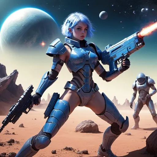Prompt: Scifi Armored Girl with space gun, during a fight on a planet with a super giant blue star in landscape