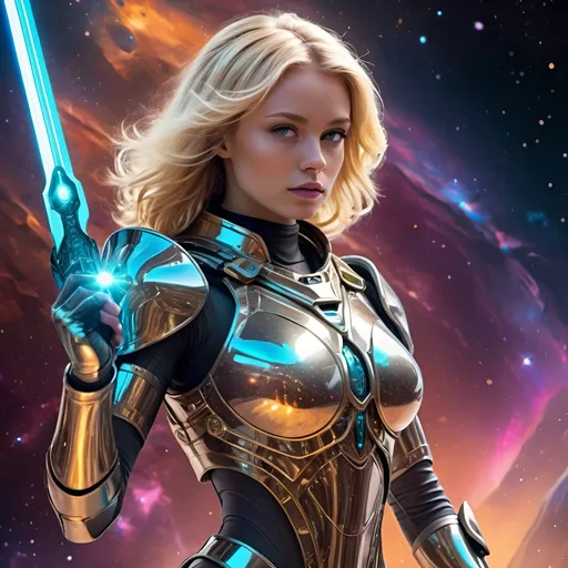 Prompt: Blonde space warrior princess, cosmic armor with intricate details, wielding a radiant energy sword, futuristic space backdrop, celestial nebulae in the distance, high-tech space helmet with glowing accents, intense and determined gaze, sleek metallic outfit with reflective surfaces, vibrant and otherworldly color palette, high-quality, digital art, sci-fi, detailed armor, cosmic, dynamic lighting