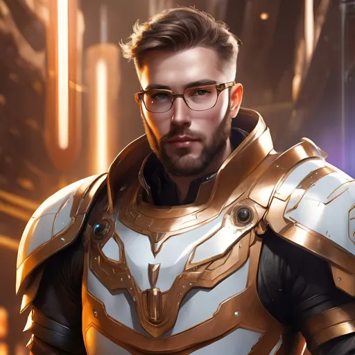 Prompt: 28-year-old well-groomed white man with glasses, wearing leather, fantasy sci-fi warrior with magical scientific sword and armor, orange-gold armor, energy shield, detailed facial features, highres, fantasy, sci-fi, leather material, magical, scientific, energy shield, detailed beard, futuristic, professional lighting