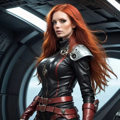 Prompt: Tall girl, redhead, long hair,  leather wear, space pirate with scifi armor 