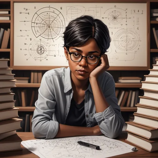 Prompt: A detailed illustration of a person surrounded by books and diagrams, with a thoughtful expression, medium to dark brown skin, and short black hair, wearing glasses with silver frames, sitting at a wooden desk with a complex mathematical equation written o