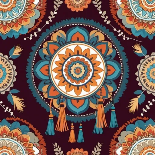 Prompt: Design a bohemian pattern featuring intricate mandalas, ethnic motifs, and tassel designs, with a rich, warm color palette