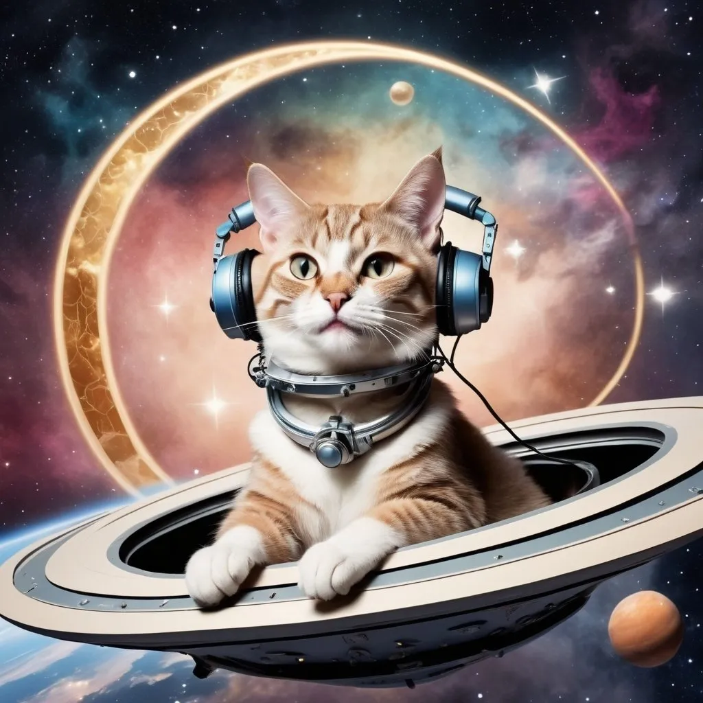 Prompt: smiling female jewish human-looking cat on a spaceship in the heavens playing music