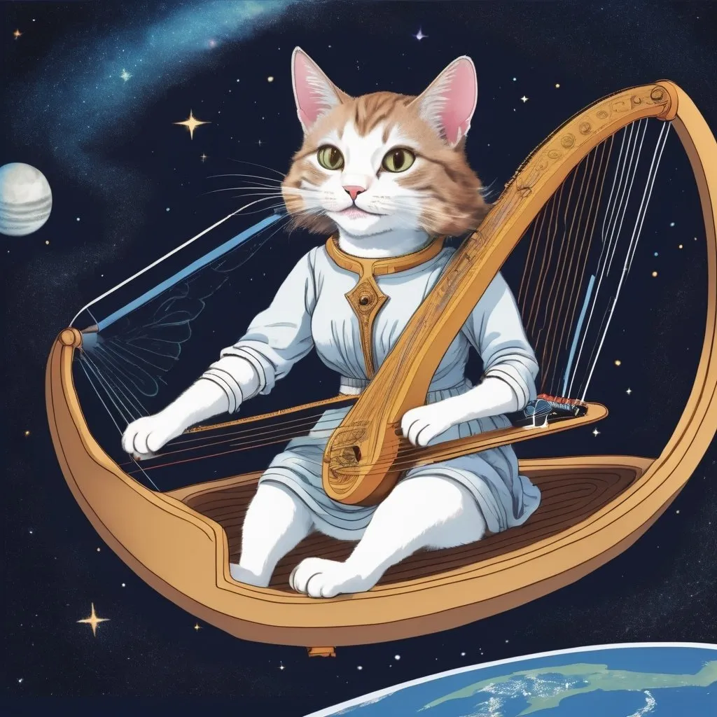 Prompt: smiling female rabbi cat on a spaceship in the heavens playing a harp