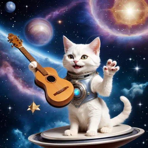 Prompt: smiling female cat casting hebrew magic on a spaceship  in the heavens playing music