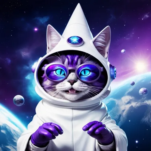 Prompt: a futuristic looking blue and purple space cat wearing a white wizard hat wearing electronic glasses and technological gloves hovering over the earth with a huge smile 