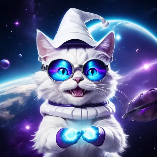 Prompt: a futuristic looking blue and purple space cat wearing a white wizard hat wearing electronic glasses and technological gloves hovering over the earth with a huge smile 