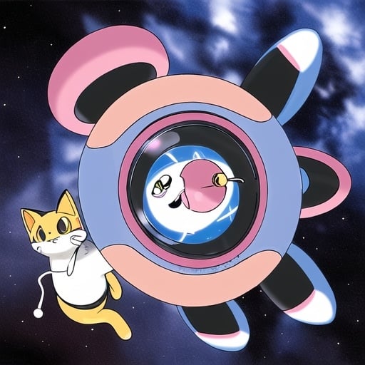 Prompt: smiling female cat with hebrew letters on a spaceship  in the heavens playing music