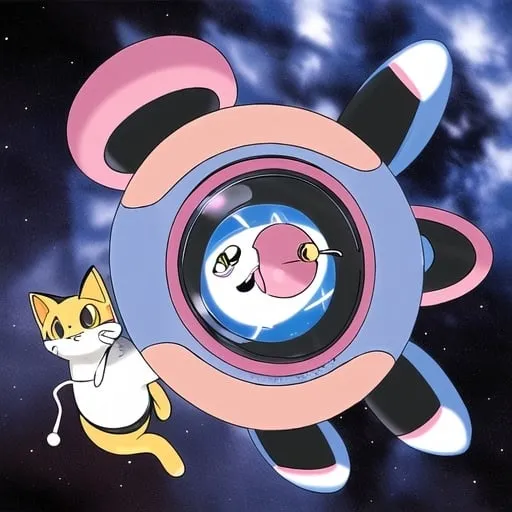 Prompt: smiling female cat with hebrew letters on a spaceship  in the heavens playing music