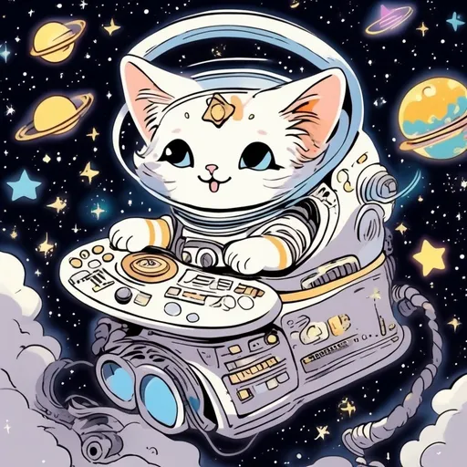 Prompt: smiling angel cat in a space suit casting hebrew magic on a spaceship  in the heavens playing music