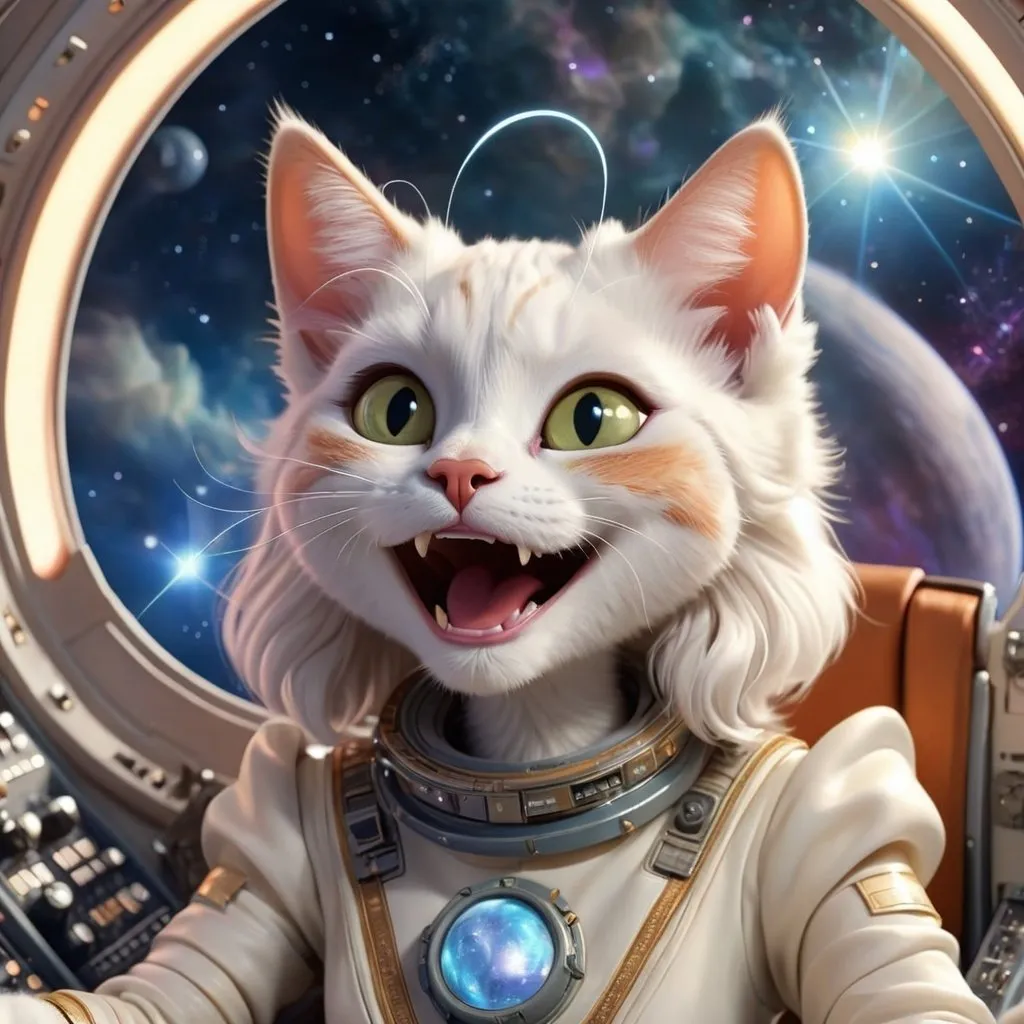 Prompt: smiling female cat casting hebrew magic on a spaceship  in the heavens playing music