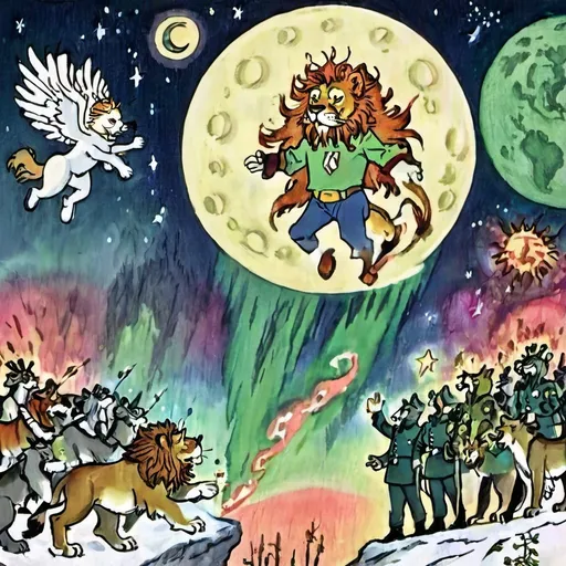 Prompt: an anthropomorphic angelic king space lion casting magic bringing a dead army of futuristic lion soldiers back to life on Earth with an aurora borealis across the space sky and the sun and moon kissing
