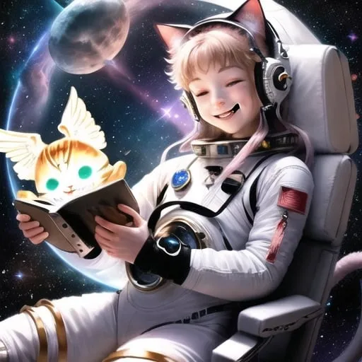 Prompt: smiling angel demon cat in a space suit casting hebrew magic on a spaceship  in the heavens playing music