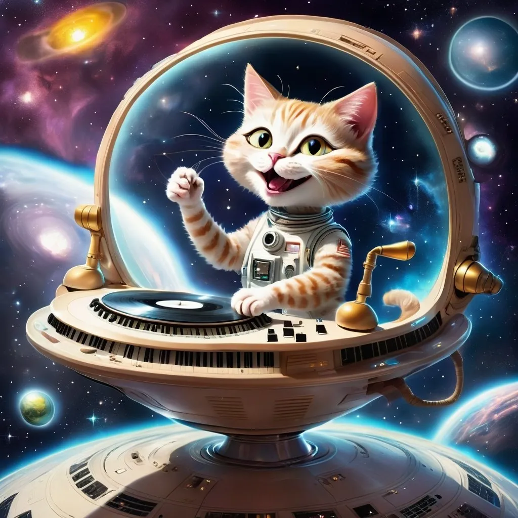 Prompt: smiling female jewish human-looking cat on a spaceship in the heavens playing music