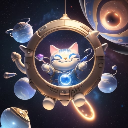 Prompt: smiling space cat casting hebrew magic on a spaceship  in the heavens playing music