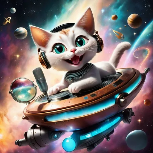 Prompt: smiling female jewish human-looking cat on a spaceship in the heavens playing music