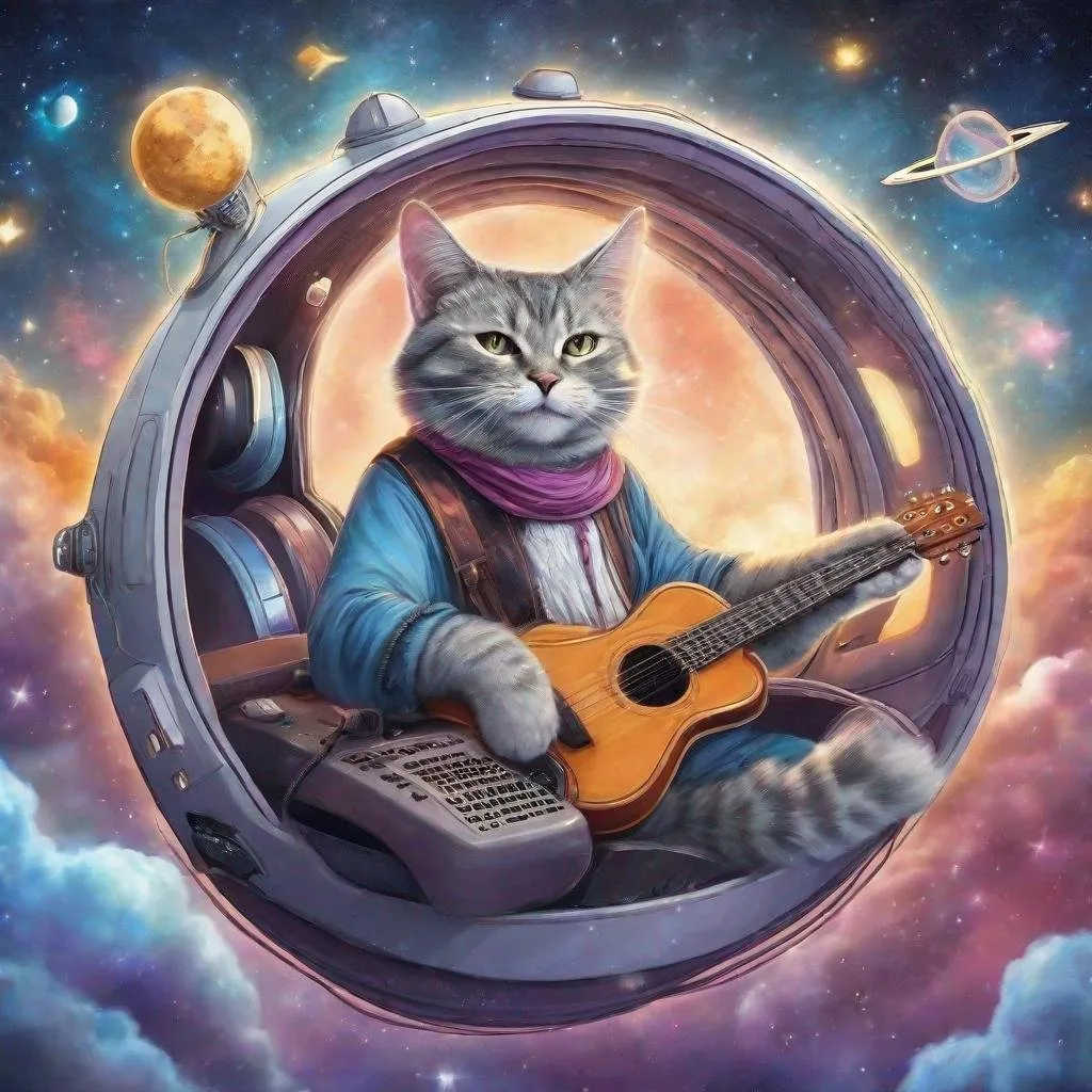 Prompt: smiling rabbi cat on a spaceship in the heavens playing music