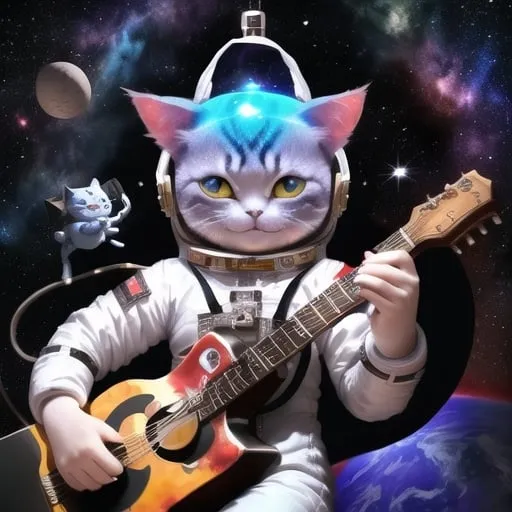 Prompt: smiling demon cat in a space suit casting hebrew magic on a spaceship  in the heavens playing music