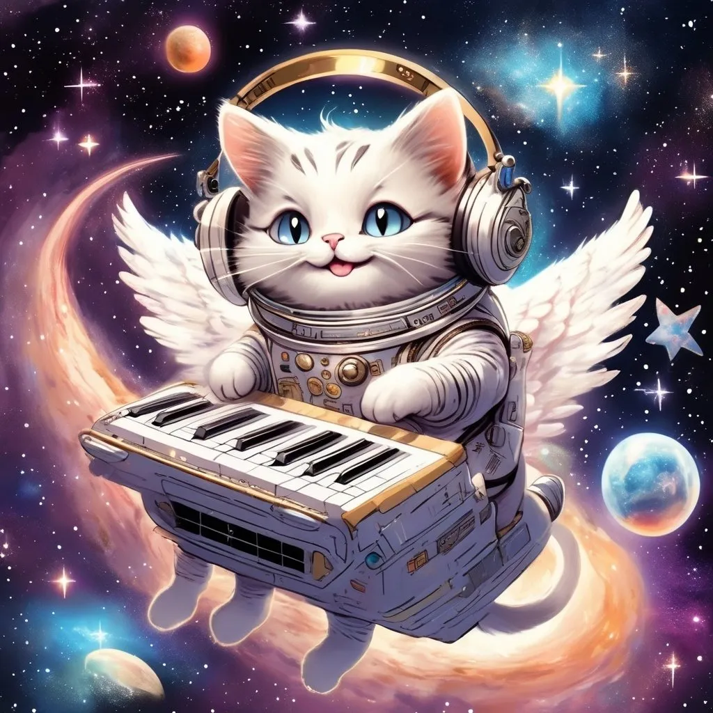 Prompt: smiling angel cat in a space suit casting hebrew magic on a spaceship  in the heavens playing music