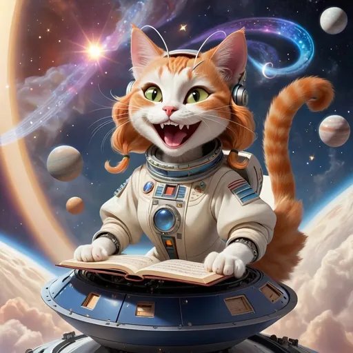 Prompt: smiling female cat casting hebrew magic on a spaceship  in the heavens playing music