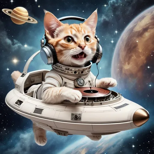 Prompt: smiling female jewish human-looking cat on a spaceship in the heavens playing music