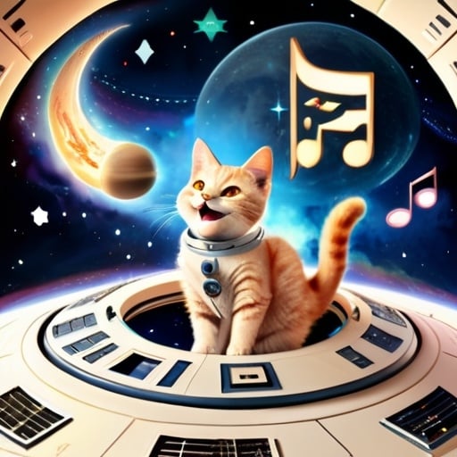 Prompt: smiling female cat with hebrew letters on a spaceship  in the heavens playing music