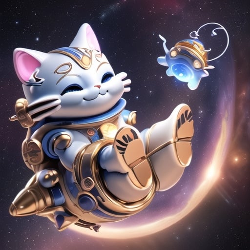 Prompt: smiling space cat casting hebrew magic on a spaceship  in the heavens playing music