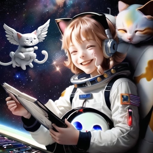 Prompt: smiling angel demon cat in a space suit casting hebrew magic on a spaceship  in the heavens playing music