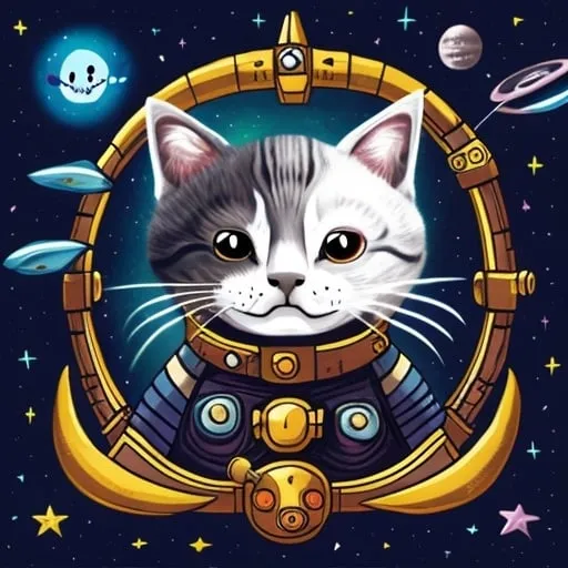 Prompt: smiling space pirate cat on a spaceship in the heavens