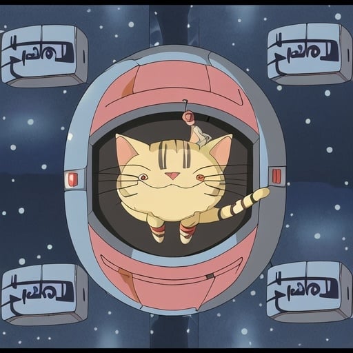 Prompt: smiling female cat (with hebrew letters) inside a spaceship  in the heavens playing music