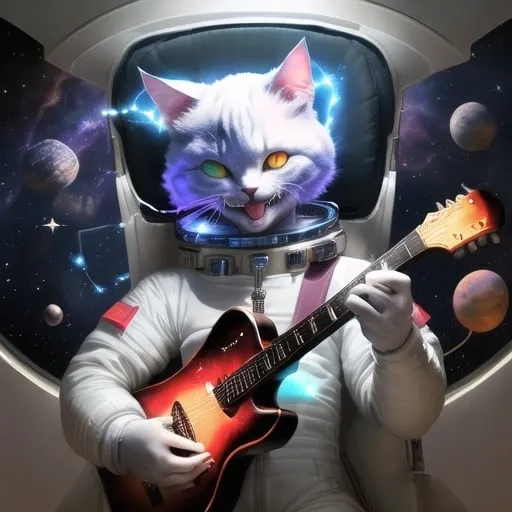 Prompt: smiling demon cat in a space suit casting hebrew magic on a spaceship  in the heavens playing music