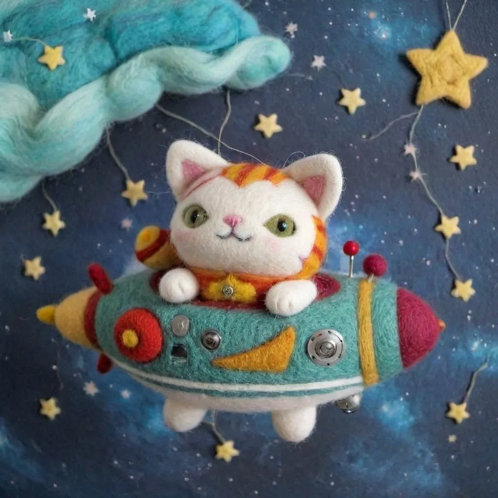 Prompt: smiling female cat on a spaceship with hebrew letters in the heavens playing music