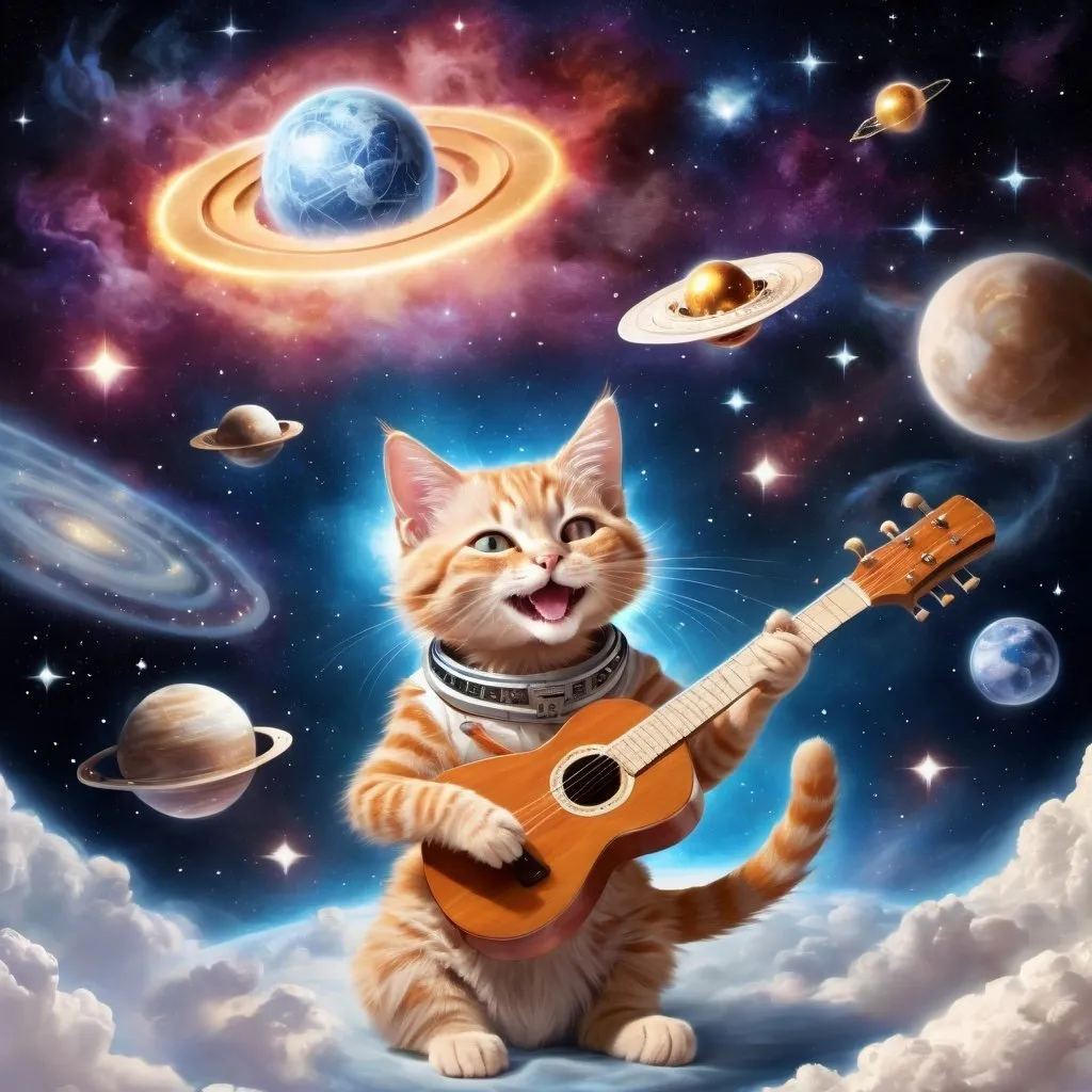 Prompt: smiling female cat casting hebrew magic on a spaceship  in the heavens playing music