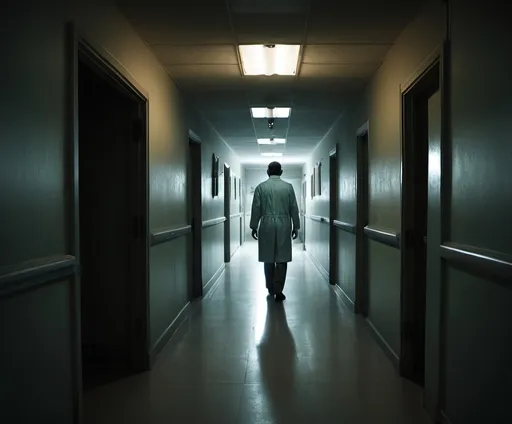 Prompt: Man standing at end of dark corridor in hospital