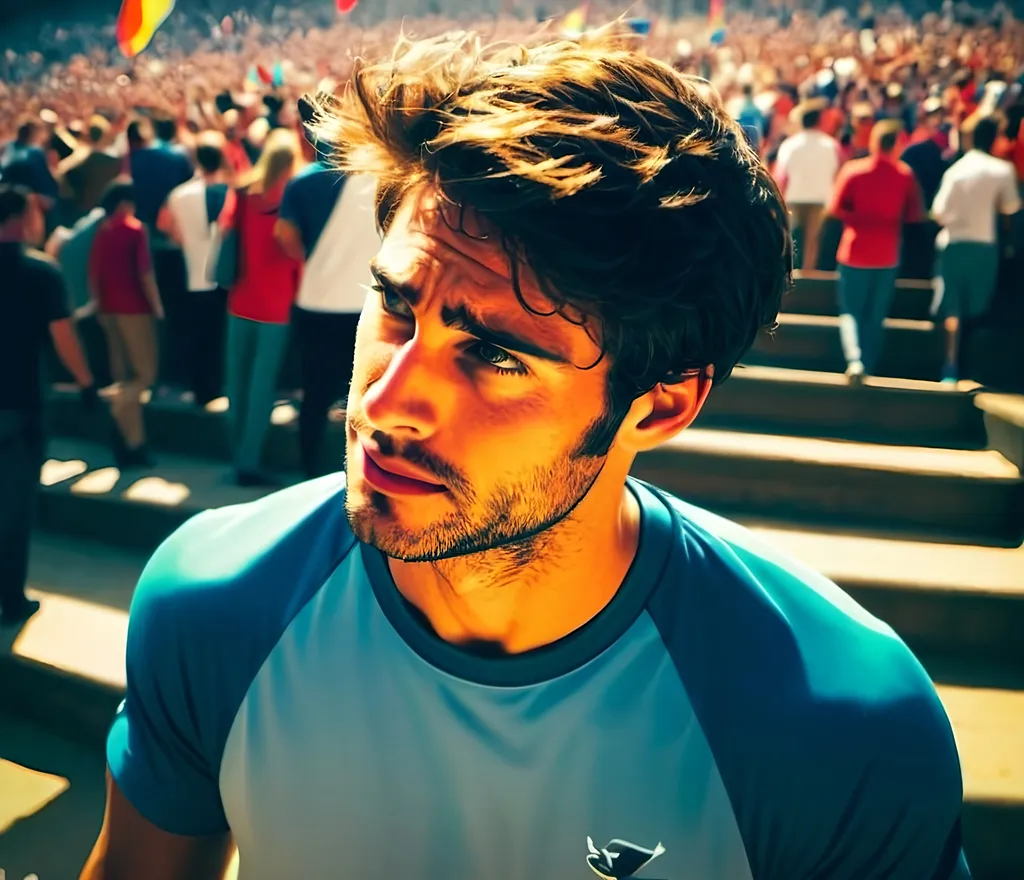 Prompt: Man walks down steps of stadium amidst crowds of fans