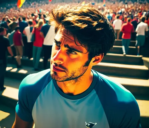 Prompt: Man walks down steps of stadium amidst crowds of fans