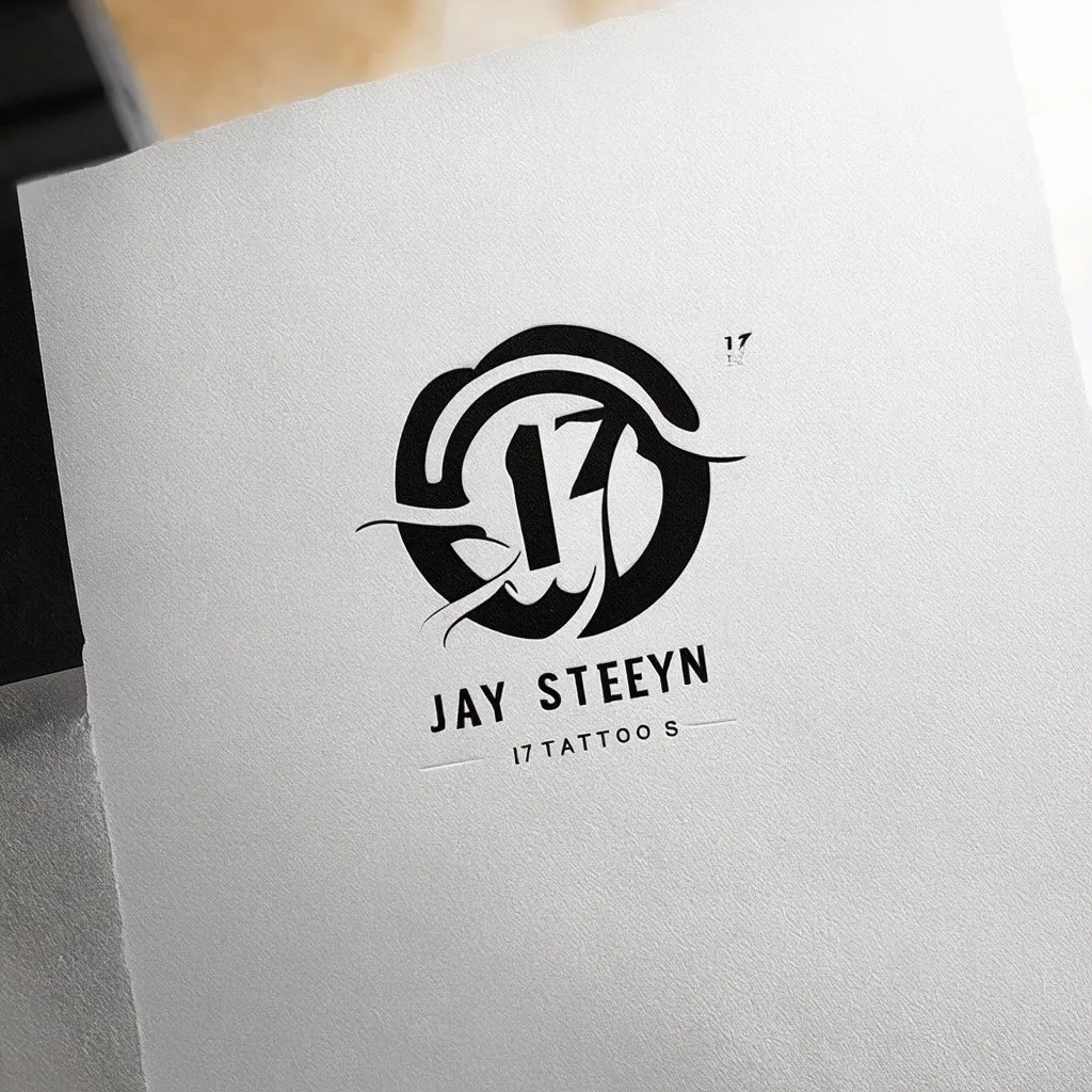 Prompt: Logo design for Jayy Steyn No. 17 Tattoos, modern professional style, sleek and bold lines, black and white color palette, intricate details, high resolution, professional, minimalist, monochrome, clean lines, bold typography,calligraphy, precise details, minimalistic, top quality, highres, ultra-detailed, modern, professional, sophisticated