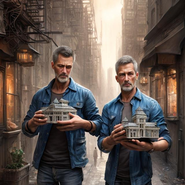 Prompt: Detailed digital painting of a man holding two apartment models, realistic rendering, intricate details on models, professional concept art, high quality, realistic lighting, architectural design, focused expression, urban background, detailed hands and facial features, highres, professional, realistic, architectural concept, intricate details, professional rendering, focused expression, urban background