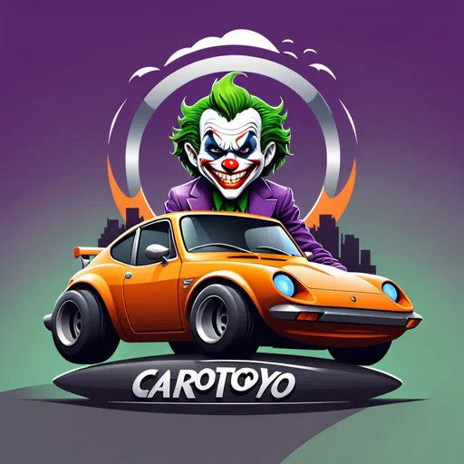 Prompt: Make a logo about Cartoyoo it is about cars so in the cartoyoo word replace o word with tyres add a sports car and sit the joker on the roof top