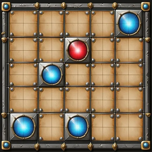 Prompt: Design a 4x4 grid game board similar to the classic Tetra Master, with exactly 16 distinct cells. Each cell should be outlined by thin, metallic borders, giving it a sleek yet simple appearance. The background of the board can have a stone or textured metal surface, evoking a classic, old-world feel with a hint of magic.

The cells should be subtly shaded, with a slight engraved pattern to resemble an ancient artifact, while maintaining a clean and minimalistic design. Keep the colors muted, with dark grays or browns for the base and faint glows around the edges of each of the 16 cells to give a soft, magical touch. When cards are placed on the board, they should fit neatly into the grid with no excessive effects, echoing the style of the original Tetra Master game.

Overall, the design should remain elegant and functional, with just enough glow or highlighting around the cells to guide the player's attention without overwhelming the classic aesthetic.