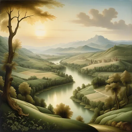 Prompt: A breathtaking natural landscape painted in the style of Leonardo da Vinci. The scene features rolling green hills, a serene river winding through the valley, and distant mountains fading into a soft, atmospheric haze. The sky is a harmonious blend of warm and cool tones, with delicate clouds illuminated by golden sunlight. Lush trees and foliage frame the scene, their leaves gently swaying in the breeze. The lighting is soft and diffused, creating depth and a dreamlike quality reminiscent of Renaissance landscapes. The overall mood is peaceful, evoking a sense of timeless beauty and harmony with nature