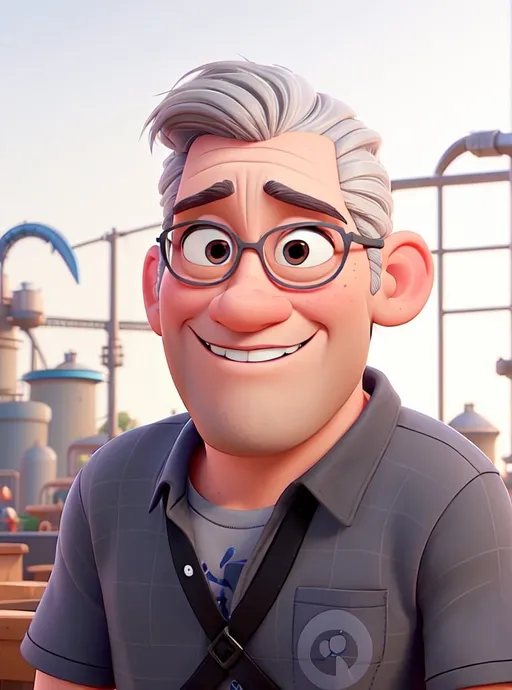 Prompt: in the style of disney pixar, with grey hair, clean shaven and Paragon Toolmaking Logo on the t shirt and a factory in the background
